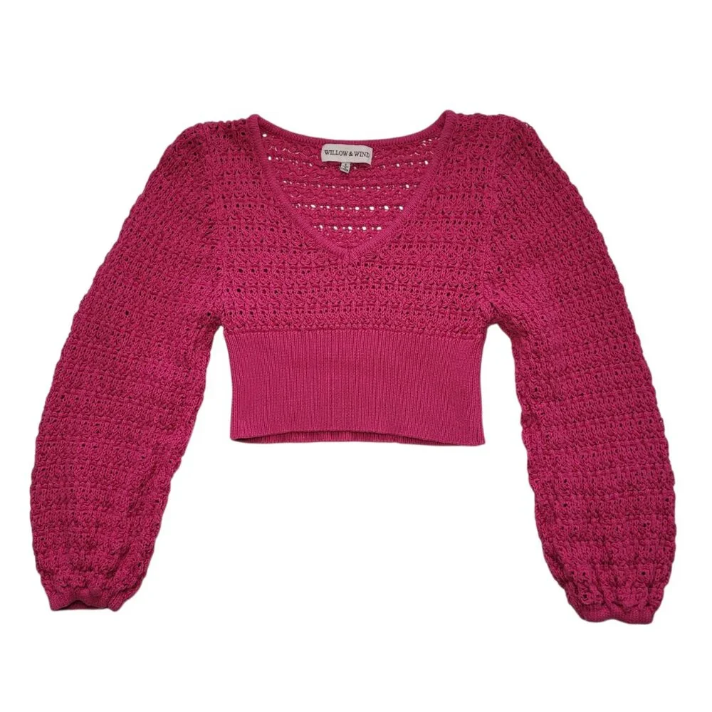 Willow & Wind Knit Cropped V-Neck Sweater Fuchsia Crochet Small Boho